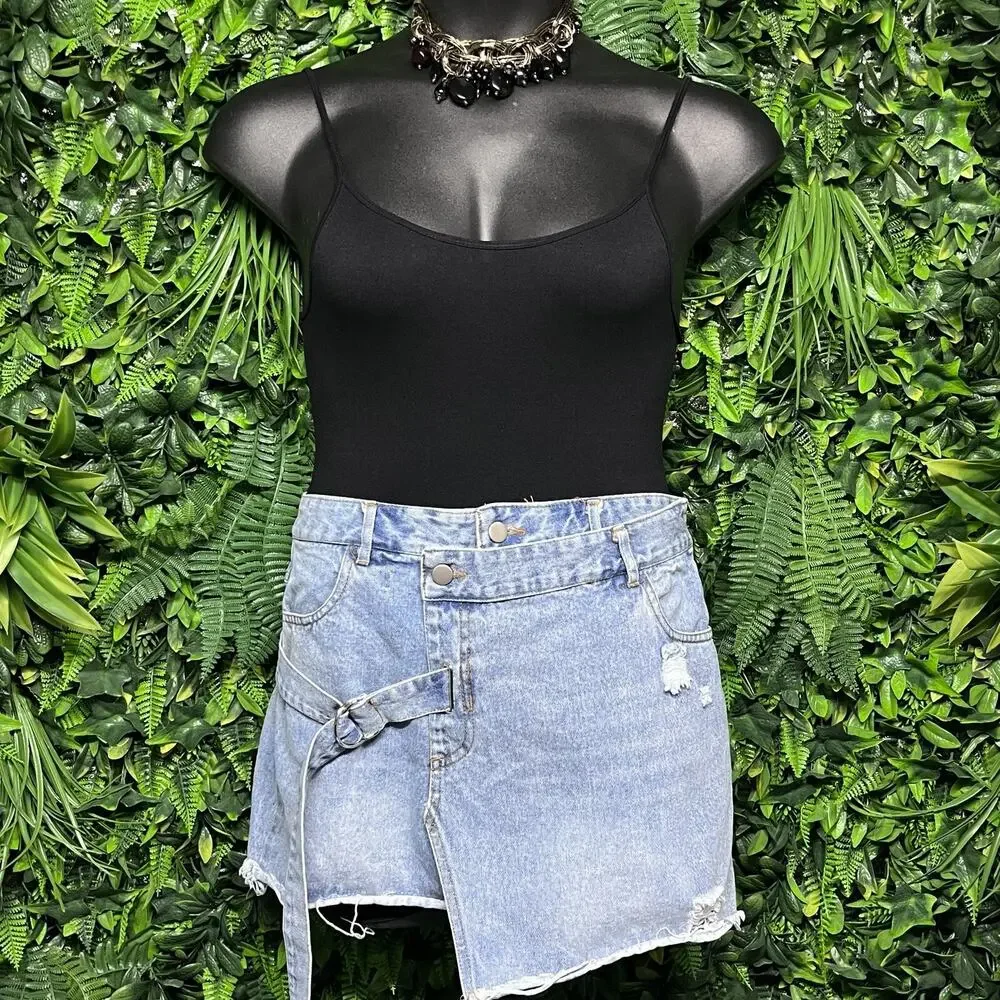 PINK NOVEMBER Skirt Women Large Blue Jeans Shorts Skort‎ Distressed Denim 2749